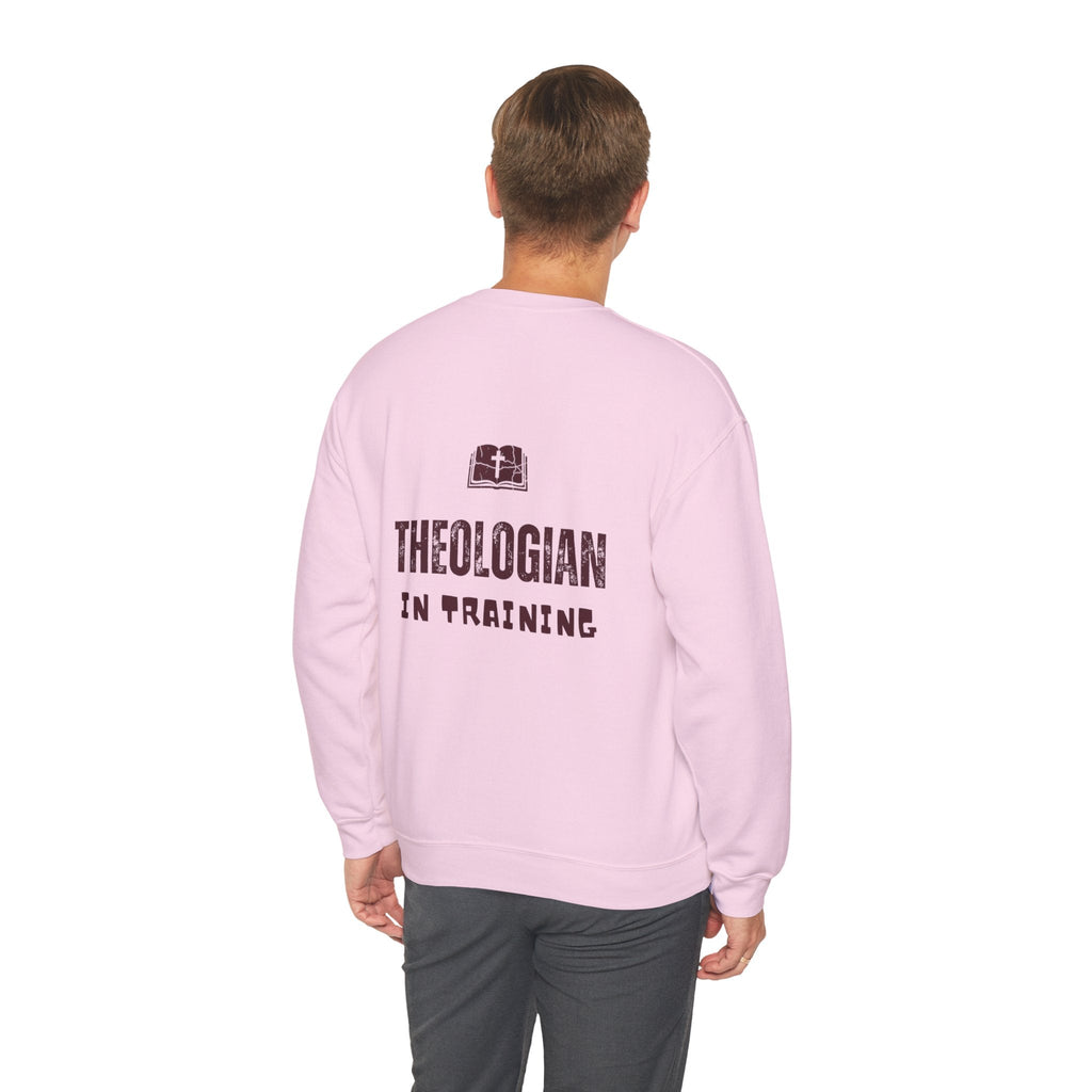Theologian in Training Sweatshirt – Open Bible & Cross Christian Sweatshirt for Faithful Growth Printify