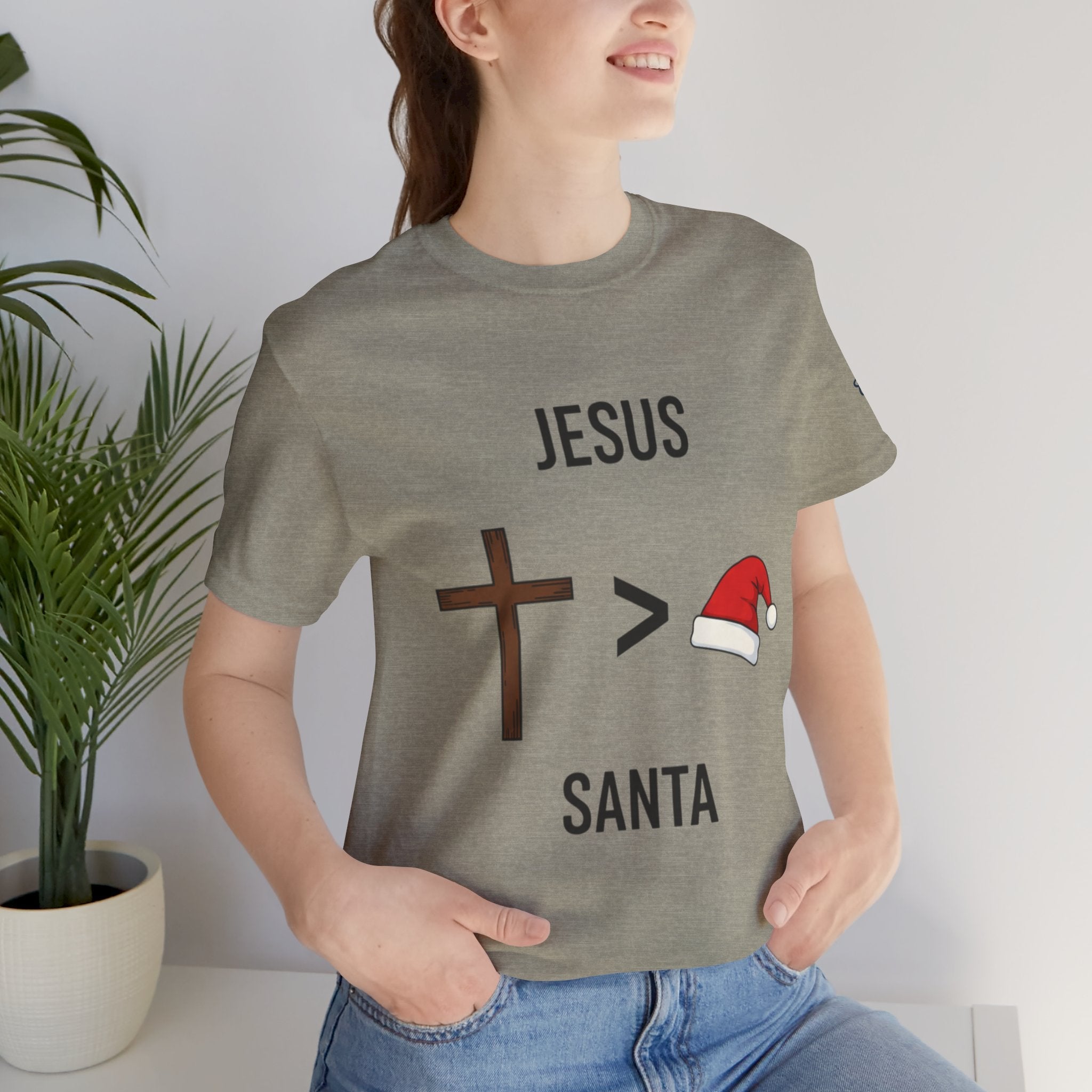 🎄 Jesus > Santa – Minimalist Christian Christmas T-Shirt | Bold Faith Over Holiday Tee | Cross vs Santa Hat Design | Uplifted Gear Printify