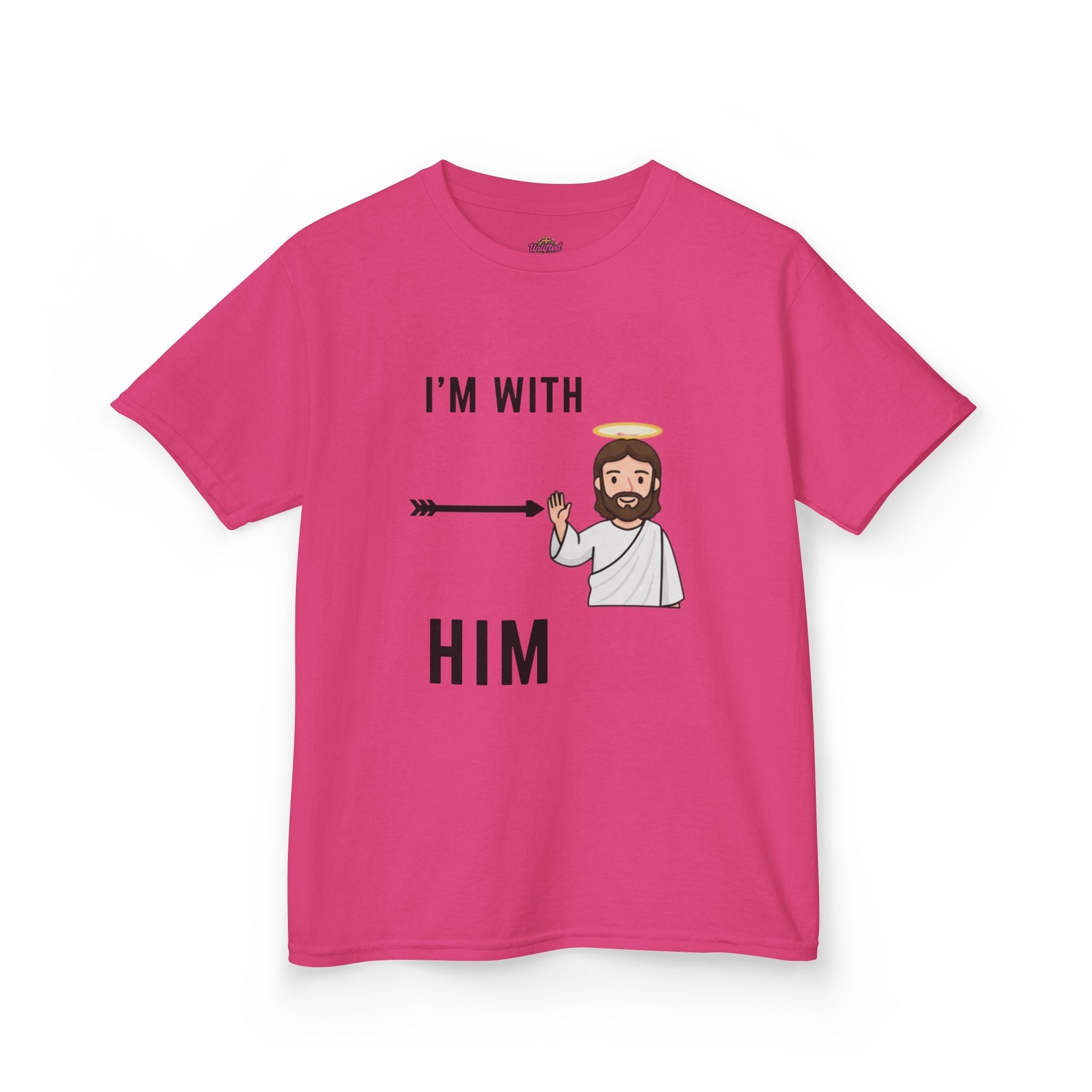 🔥 I’m With Him → Christian Kids T-Shirt | Arrow Pointing to Jesus | Minimalist Faith Tee | Subtle Cross Design | Bible-Inspired Apparel by Uplifted Gear Printify