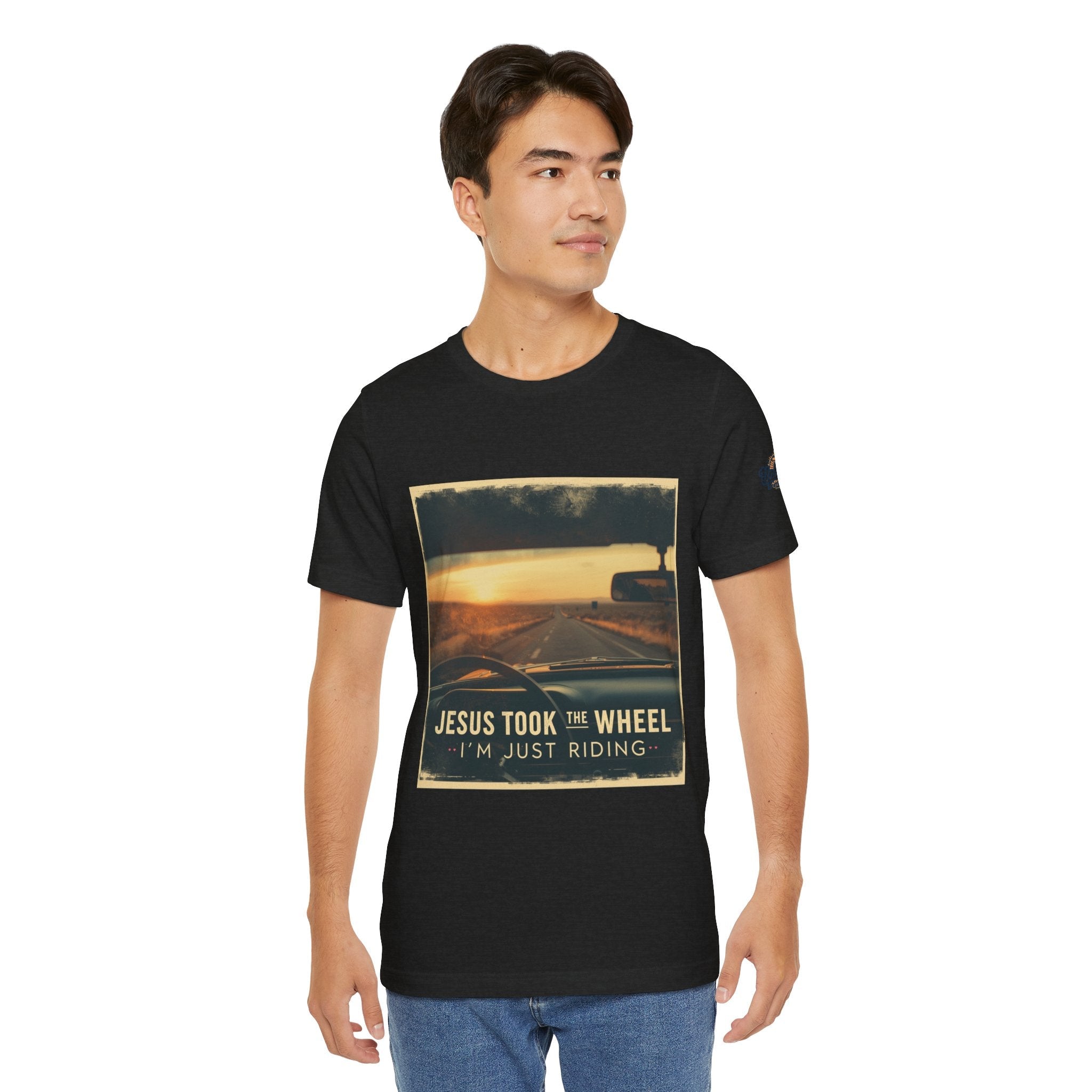 Jesus Took the Wheel I'm Just Riding T-shirt – Funny Christian Convertible Car T-shirt for Surrendered Faith & Humor Printify