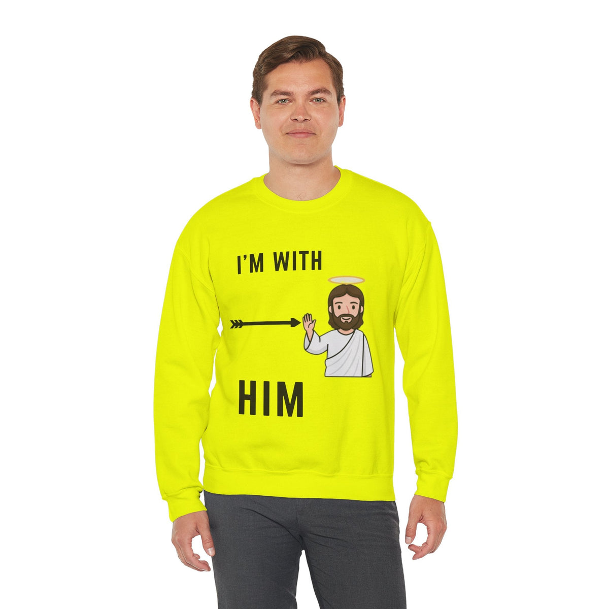 🔥 I’m With Him → Christian Sweatshirt | Arrow Pointing to Jesus | Minimalist Faith Tee | Subtle Cross Design | Bible-Inspired Apparel by Uplifted Gear Printify