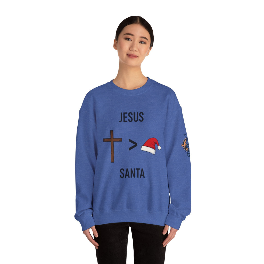 🎄 Jesus > Santa – Minimalist Christian Christmas Sweatshirt | Bold Faith Over Holiday Tee | Cross vs Santa Hat Design | Uplifted Gear Printify