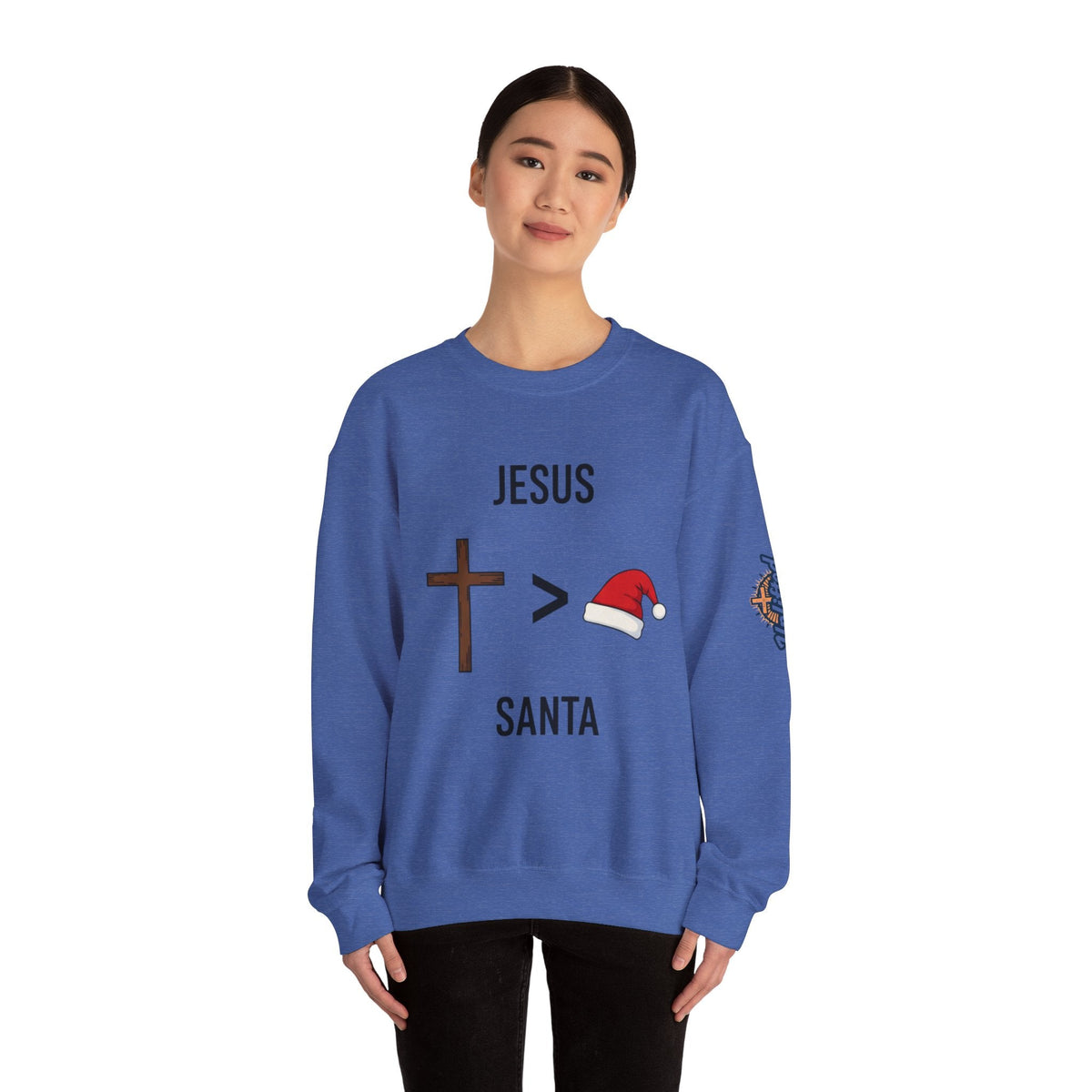 🎄 Jesus > Santa – Minimalist Christian Christmas Sweatshirt | Bold Faith Over Holiday Tee | Cross vs Santa Hat Design | Uplifted Gear Printify