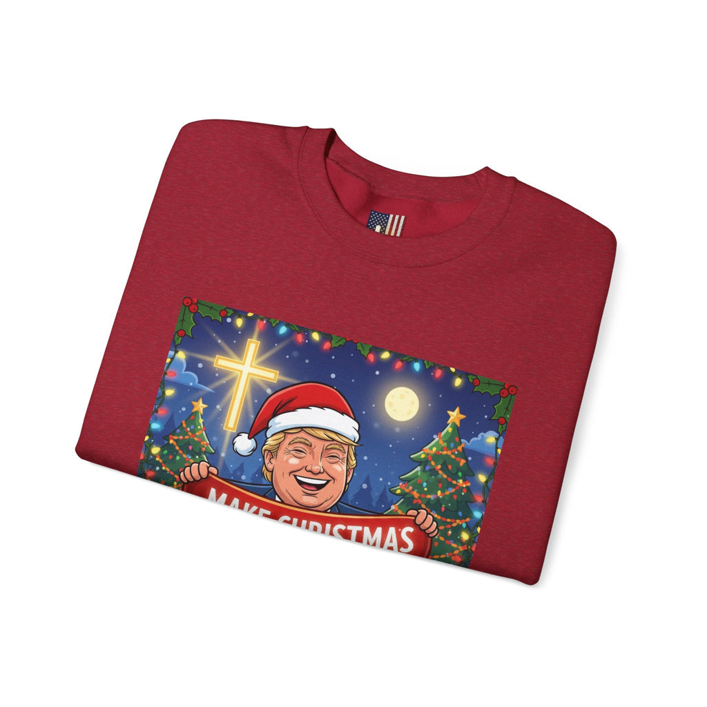 🎄 Make Christmas Great Again – Patriotic Christian Christmas Sweatshirt | Bold Holiday Faith Tee | Red & White Banner Design | Uplifted Gear Printify