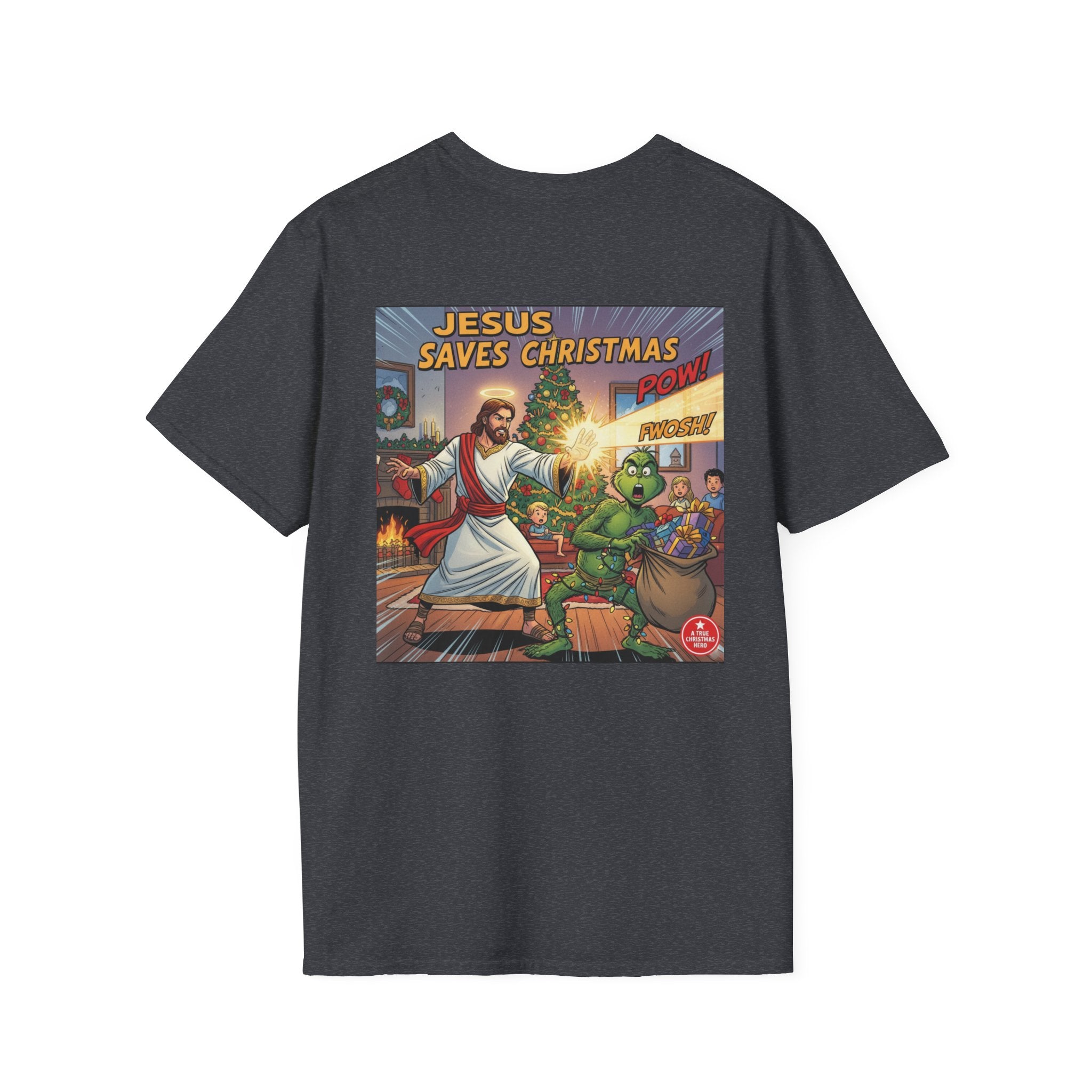 Jesus Saves Christmas T-shirt – Grinch vs Savior Light Battle Christian T-shirt for Hilarious Holiday Faith & True Joy Printify