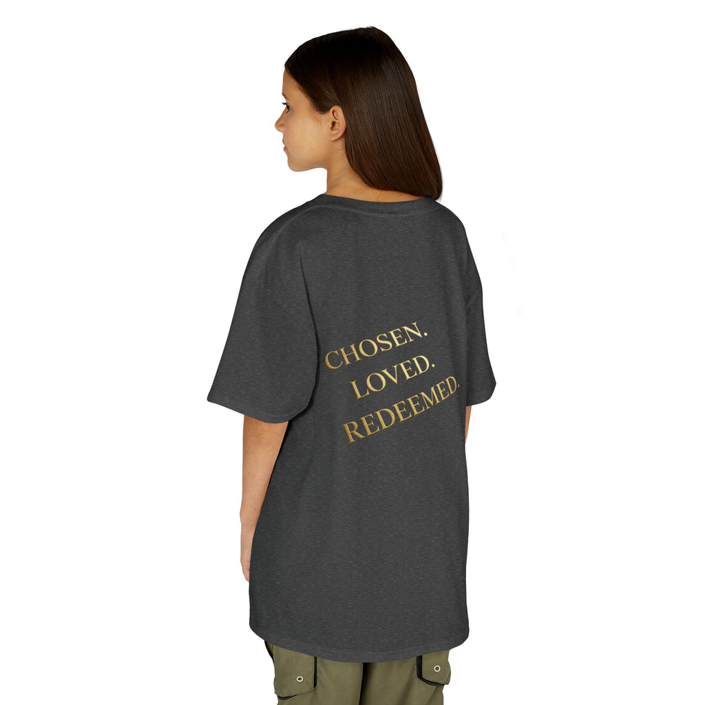 ✨ Chosen. Loved. Redeemed. – Elegant Christian Kids T-Shirt | Gold Foil Faith Tee | Subtle Cross & Heart Design | Inspirational Bible Verse Apparel by Uplifted Gear Printify