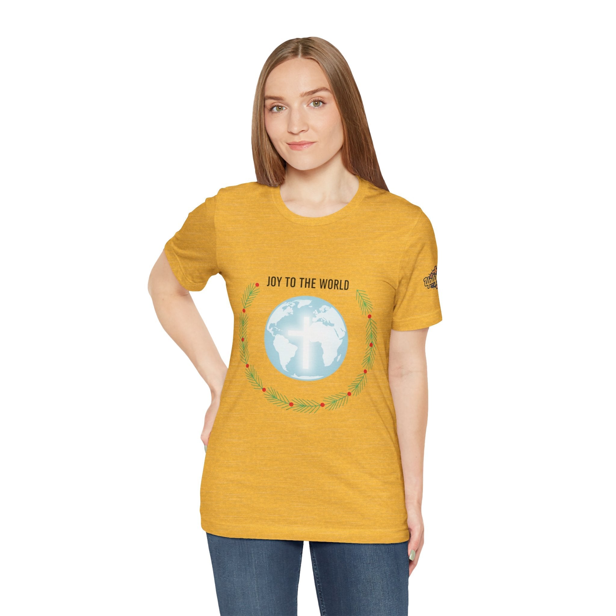 Joy to the World T-shirt – Wreath Earth Nativity Christian Christmas T-shirt for Isaiah 9:6 Holiday Faith & Festive Joy Printify