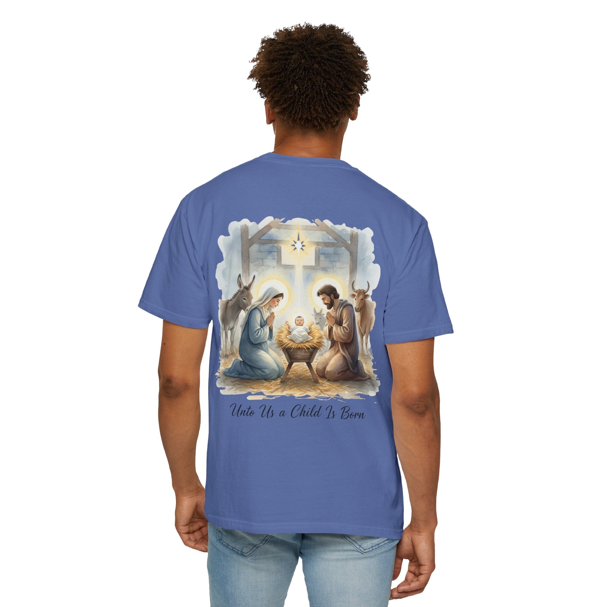 Unto Us a Child is Born T-shirt – Isaiah 9:6 Nativity Manger Scene Christian Christmas T-shirt for Holy Night Faith Printify