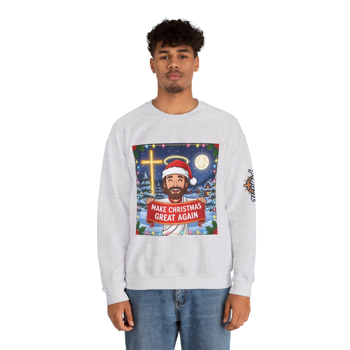 🎄 Make Christmas Great Again – Funny Christian Sweatshirt | Jesus Holding Banner | Faith-Based Holiday Parody Tee | Uplifted Gear Printify