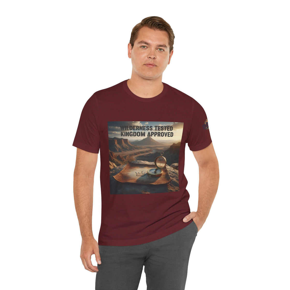 Wilderness Tested Kingdom Approved T-shirt – Mountain Desert Compass Crown Christian T-shirt for Biblical Adventure Faith Printify