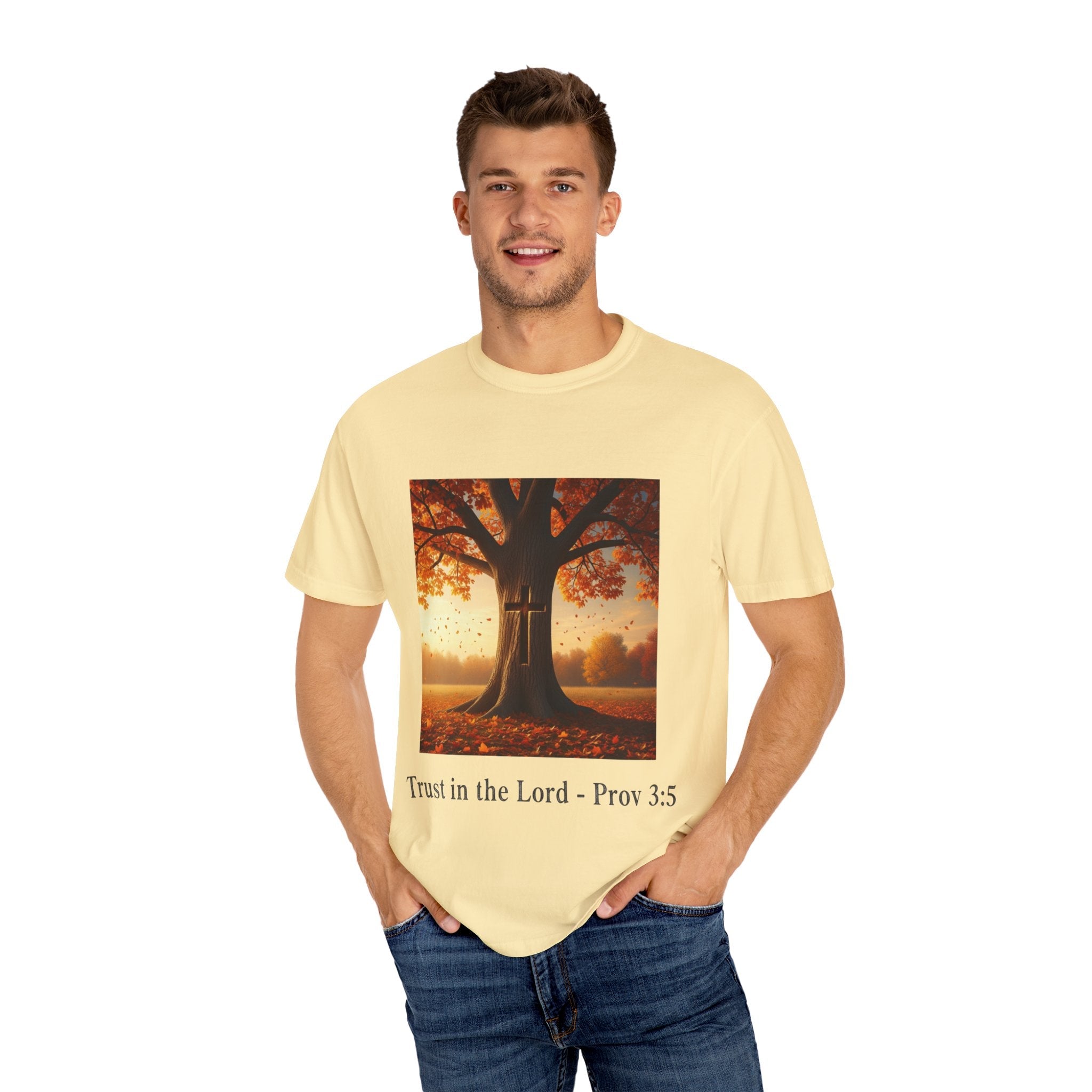 Trust in the Lord T-Shirt – Autumn Tree Christian Tee with Proverbs 3:5 Printify