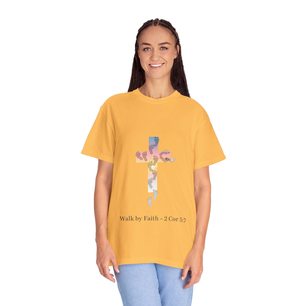 Walk by Faith T-Shirt – Cross & Footprints Christian Tee for Bold Believers Printify