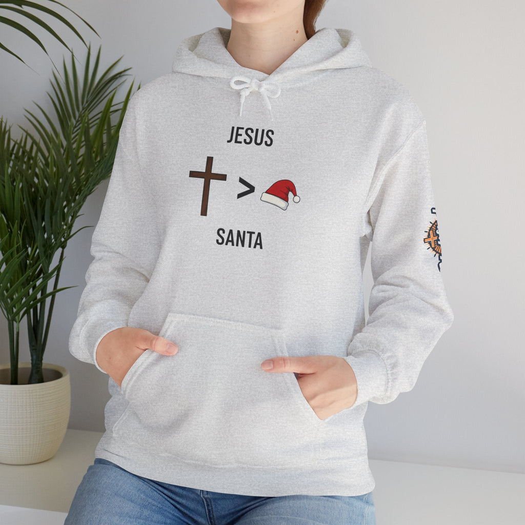 🎄 Jesus > Santa – Minimalist Christian Christmas Hoodie | Bold Faith Over Holiday Tee | Cross vs Santa Hat Design | Uplifted Gear Printify
