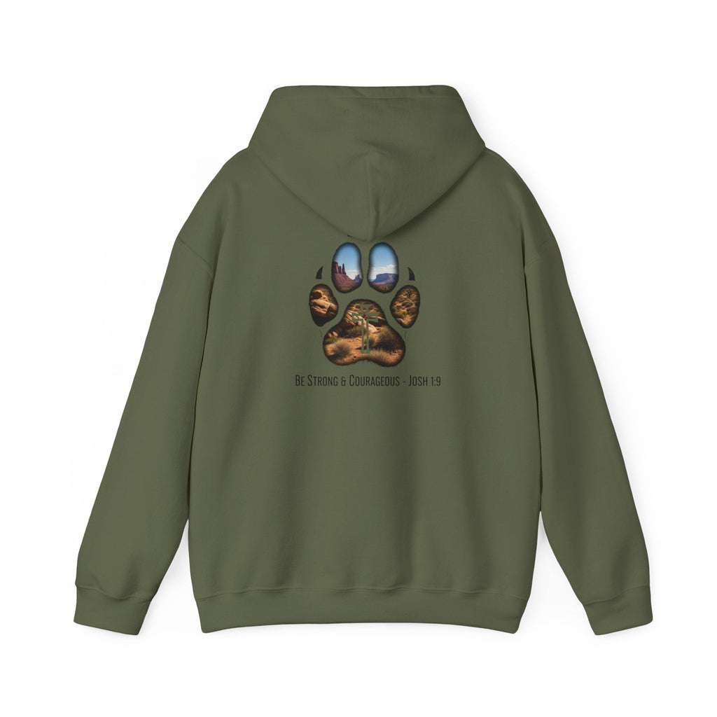 Strong and Courageous Hoodie – Joshua 1:9 Canine Pawprint Desert Christian Hoodie for Dog Lovers Printify