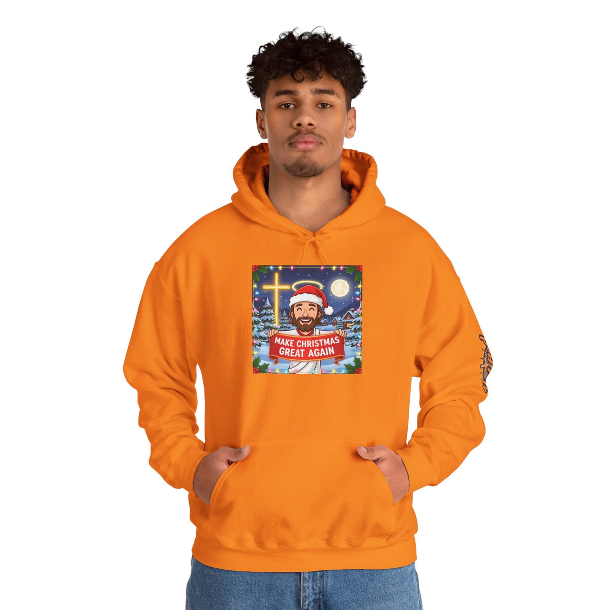 🎄 Make Christmas Great Again – Funny Christian Hoodie | Jesus Holding Banner | Faith-Based Holiday Parody Tee | Uplifted Gear Printify