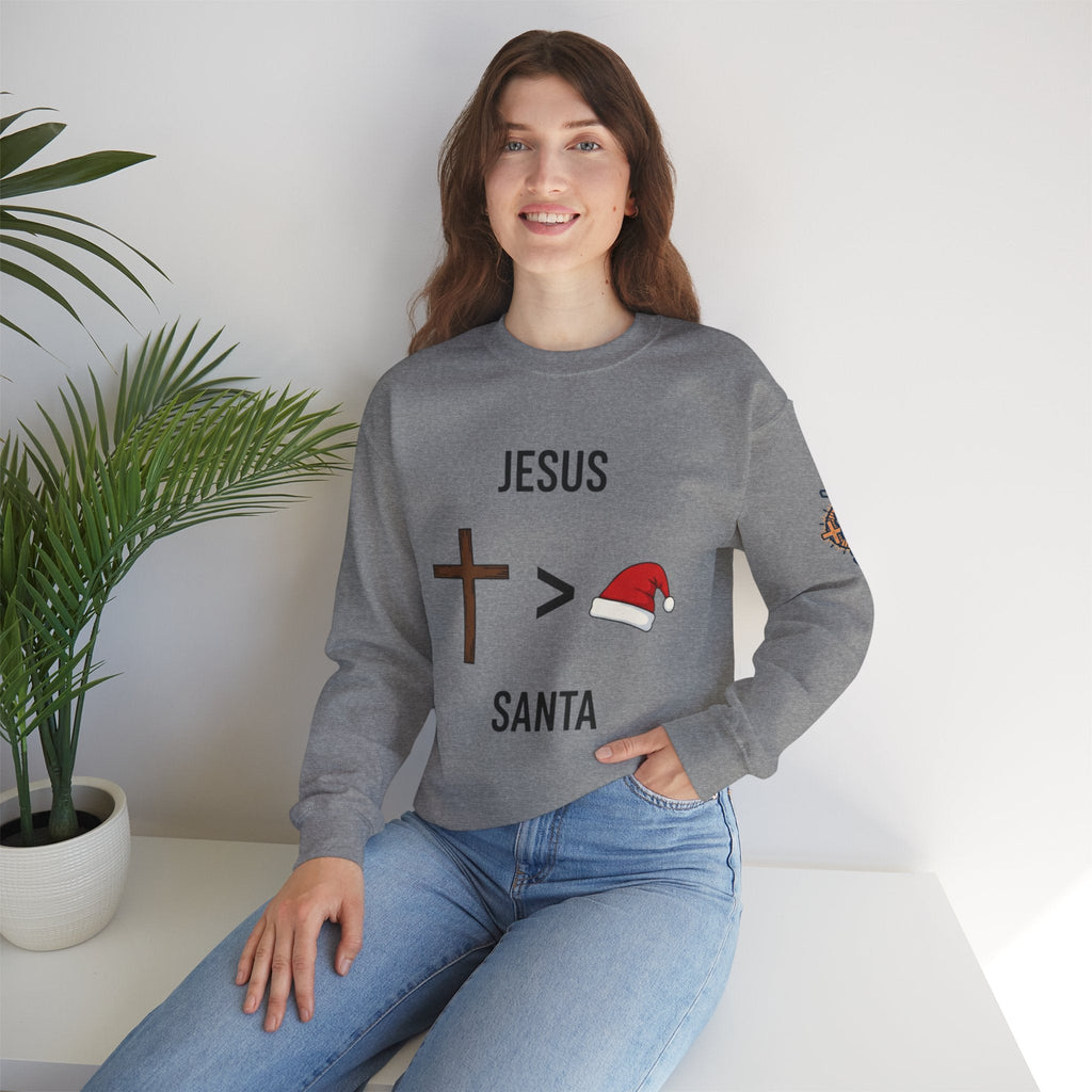 🎄 Jesus > Santa – Minimalist Christian Christmas Sweatshirt | Bold Faith Over Holiday Tee | Cross vs Santa Hat Design | Uplifted Gear Printify