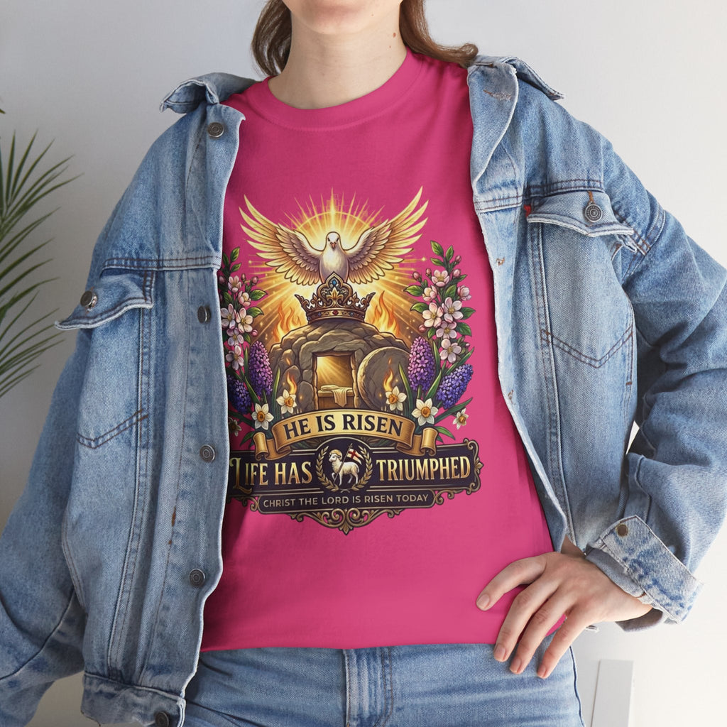 He Is Risen "Life Has Triumphed" T-Shirt — Easter Resurrection Christian Tee Printify