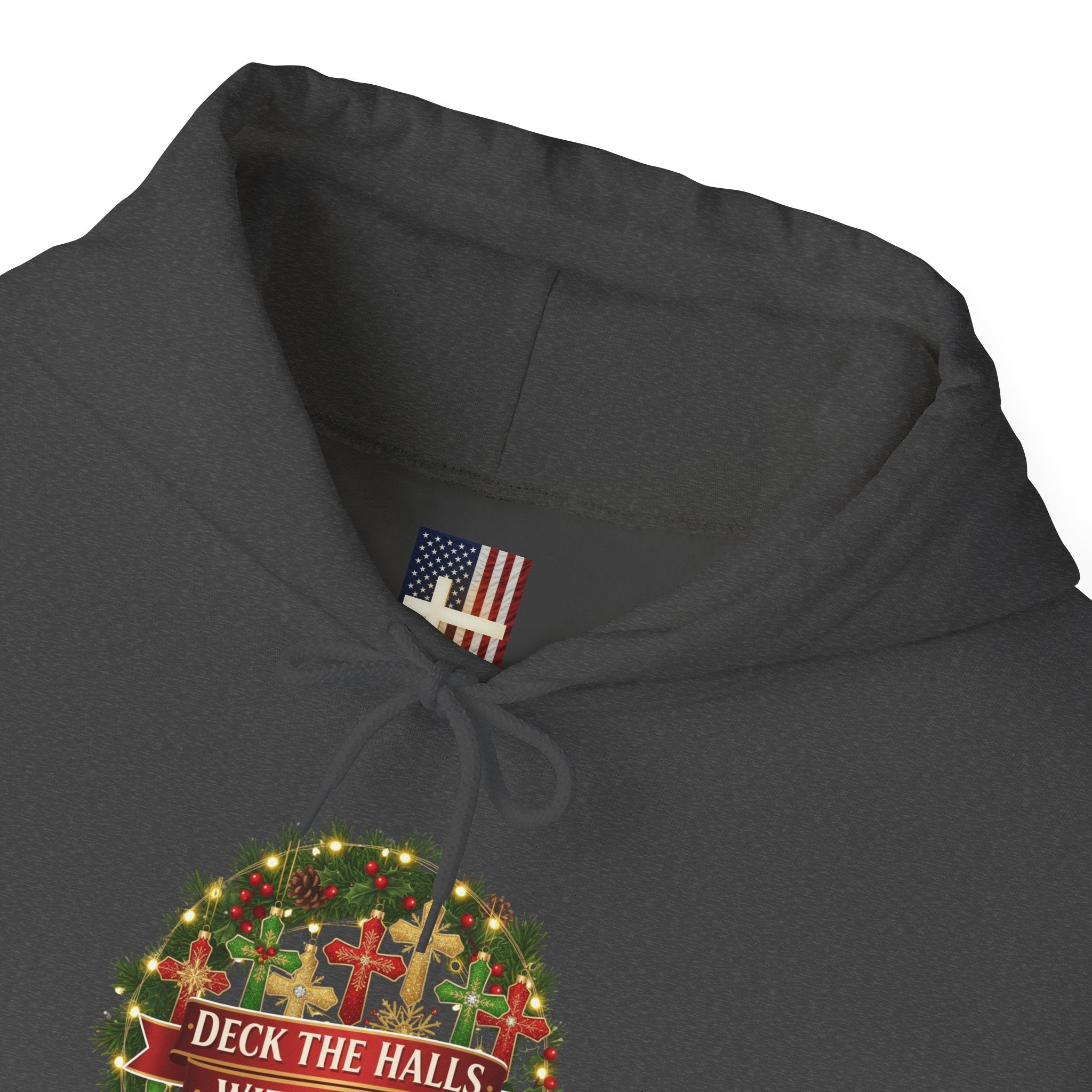🎄 Deck the Halls with Faith – Christian Christmas Hoodie | Cross Ornament Design & Festive Garland | Bold Holiday Faith Tee by Uplifted Gear Printify