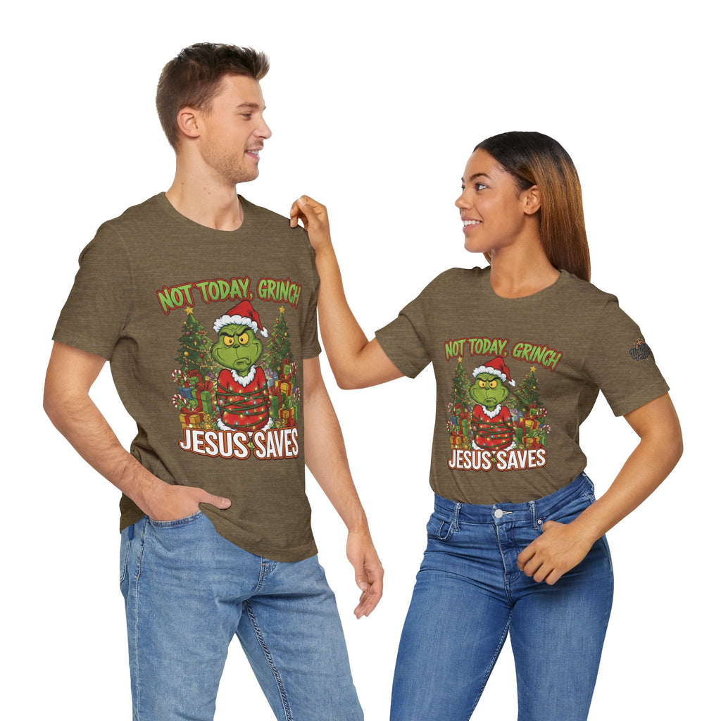 🎄 Not Today, Grinch – Jesus Saves | Funny Christian Christmas T-Shirt | Sulking Grinch & Glowing Cross | Bold Neon Faith Tee by Uplifted Gear Printify