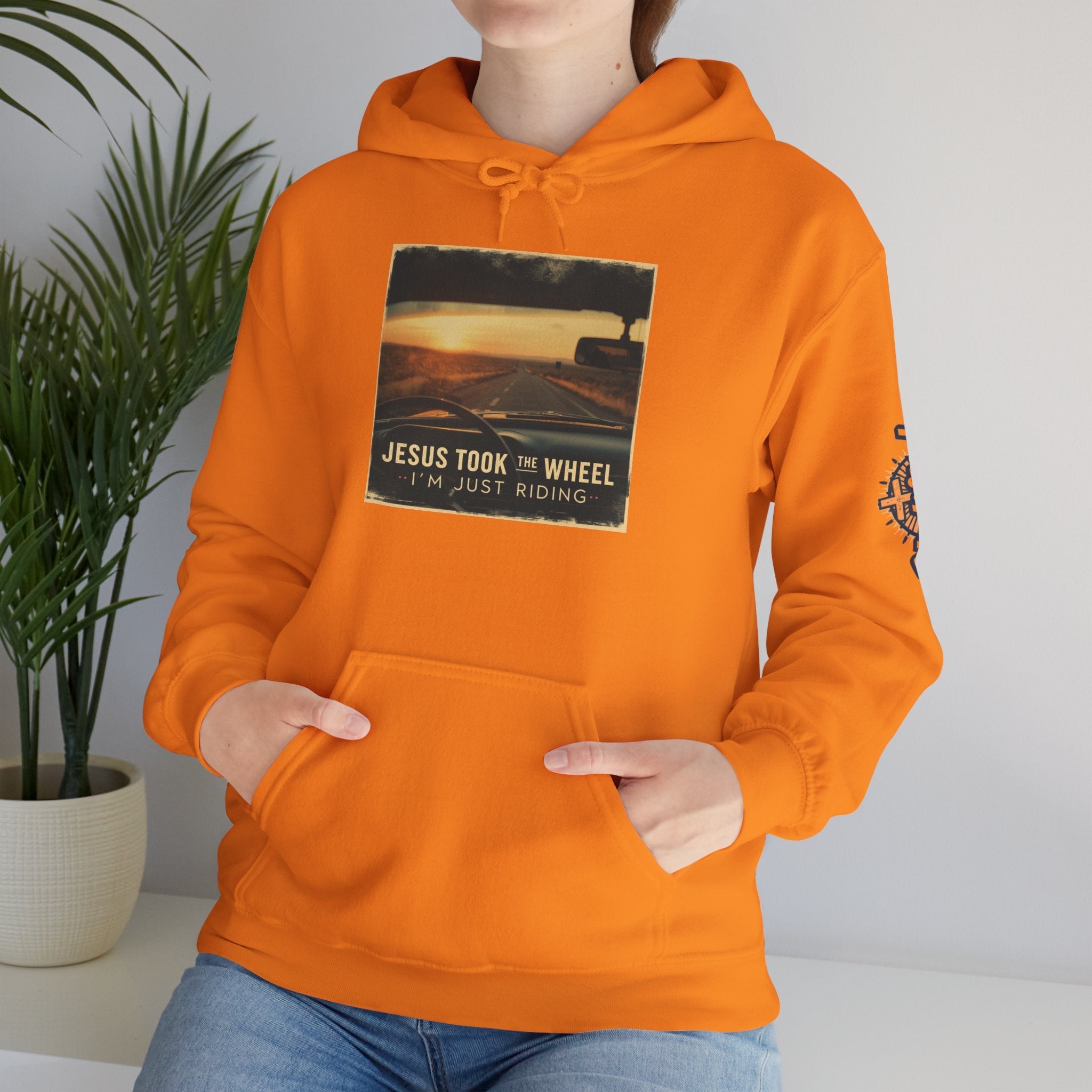 Jesus Took the Wheel I'm Just Riding Hoodie – Funny Christian Convertible Car Sweatshirt for Surrendered Faith & Humor Printify