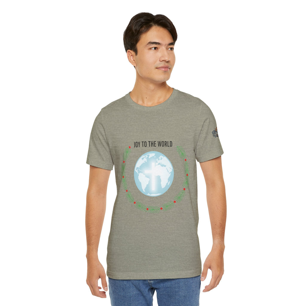 Joy to the World T-shirt – Wreath Earth Nativity Christian Christmas T-shirt for Isaiah 9:6 Holiday Faith & Festive Joy Printify