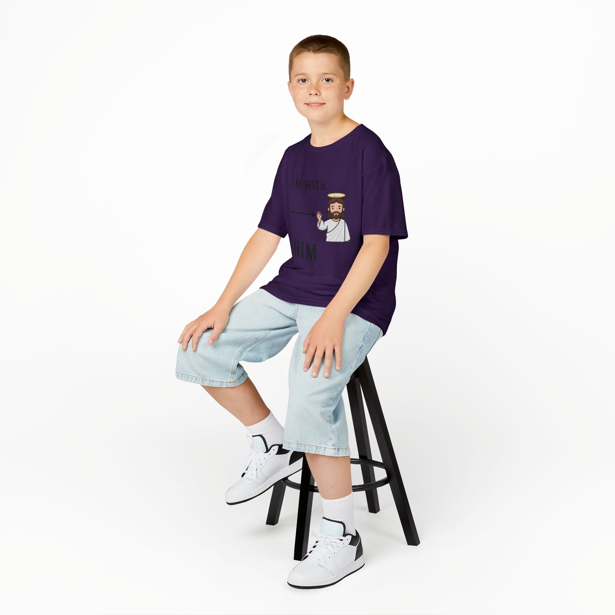 🔥 I’m With Him → Christian Kids T-Shirt | Arrow Pointing to Jesus | Minimalist Faith Tee | Subtle Cross Design | Bible-Inspired Apparel by Uplifted Gear Printify
