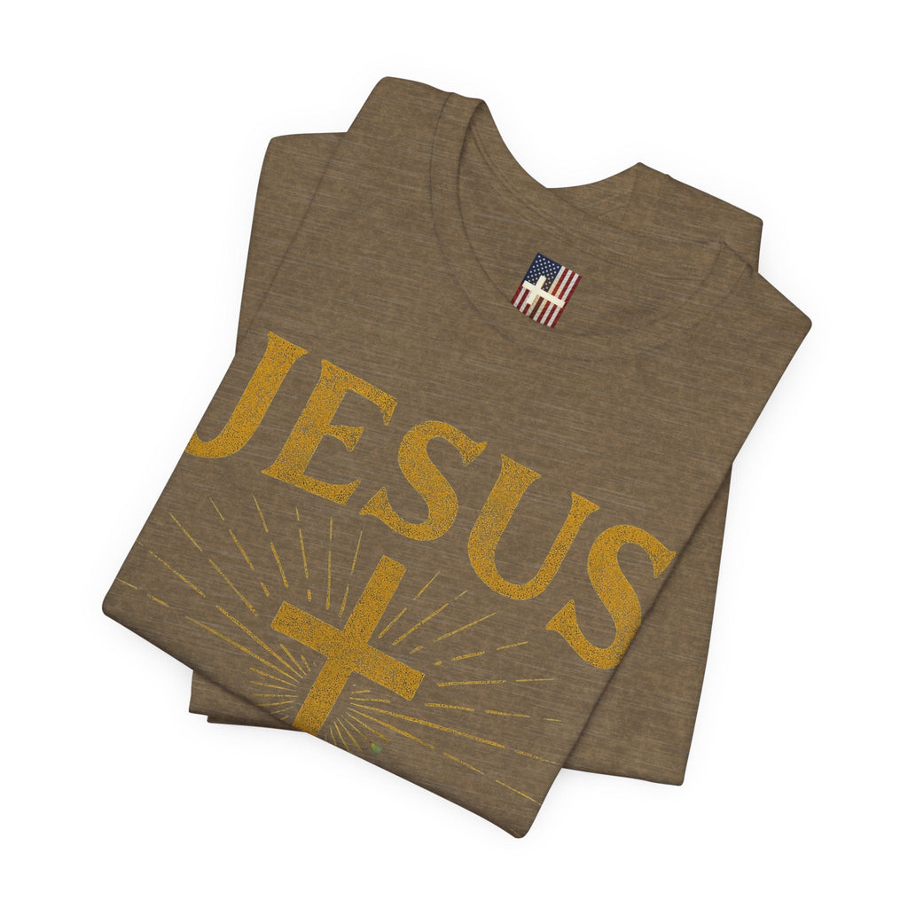Jesus Saves T-shirt – Radiant Cross & Rays of Light Christian T-shirt for Eternal Hope & Faith Printify
