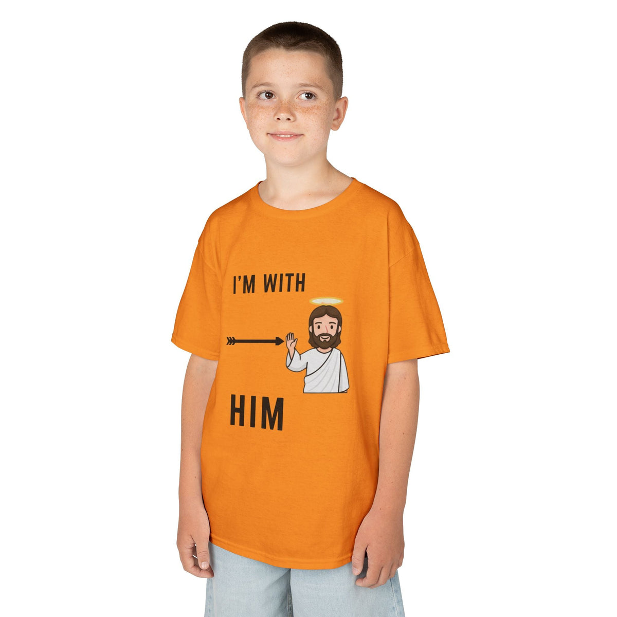 🔥 I’m With Him → Christian Kids T-Shirt | Arrow Pointing to Jesus | Minimalist Faith Tee | Subtle Cross Design | Bible-Inspired Apparel by Uplifted Gear Printify