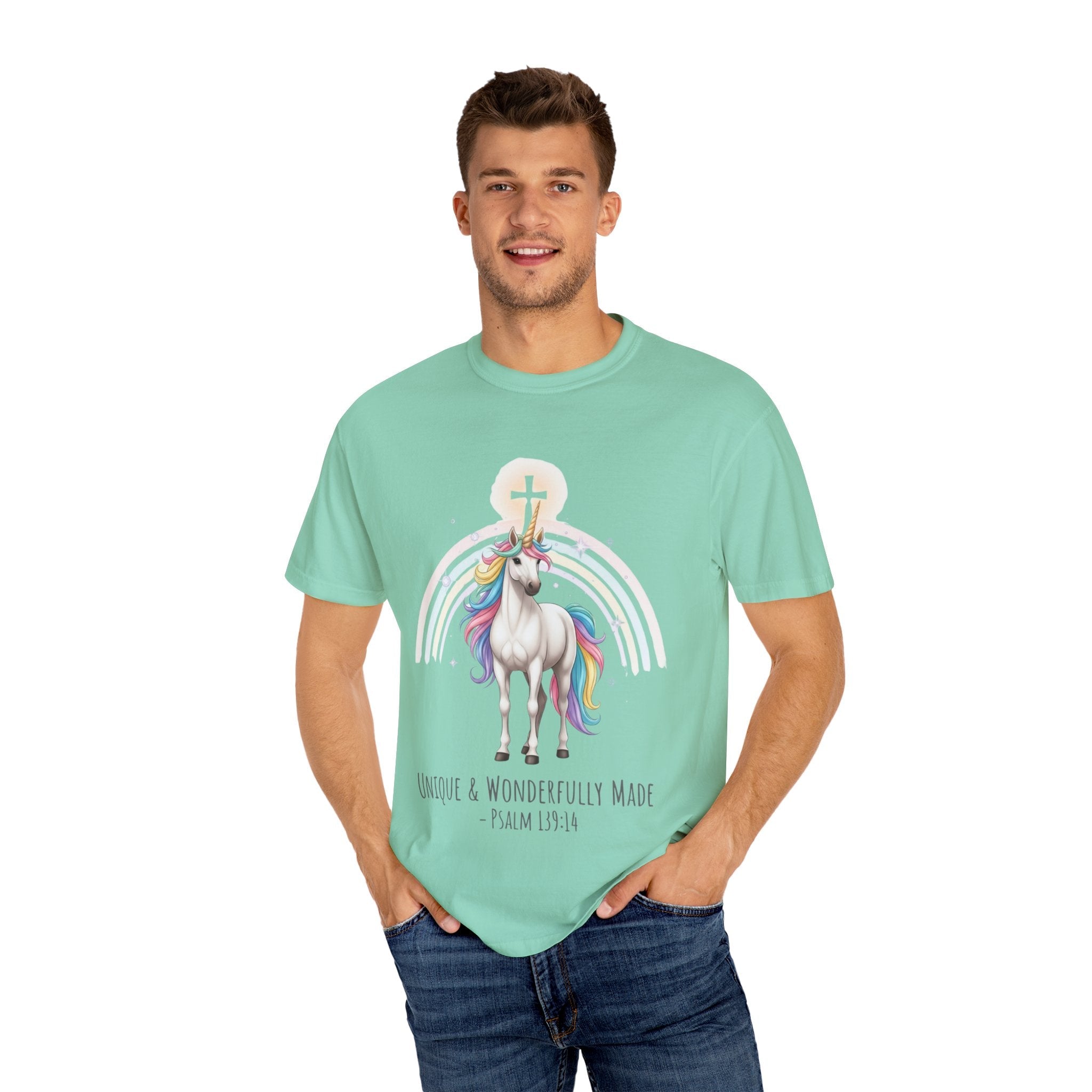 Unique Unicorn Christian T-Shirt – Wonderfully Made with Rainbow Cross & Psalm 139:14 Printify