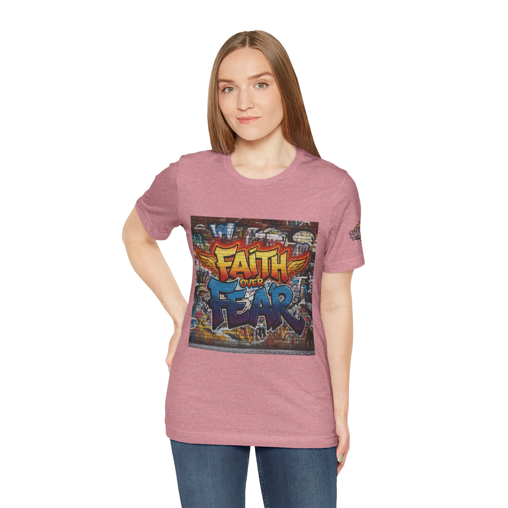 Faith Over Fear T-shirt – Graffiti Wall Christian T-shirt for Bold 2 Corinthians 5:7 Streetwear & Unshakable Faith Printify