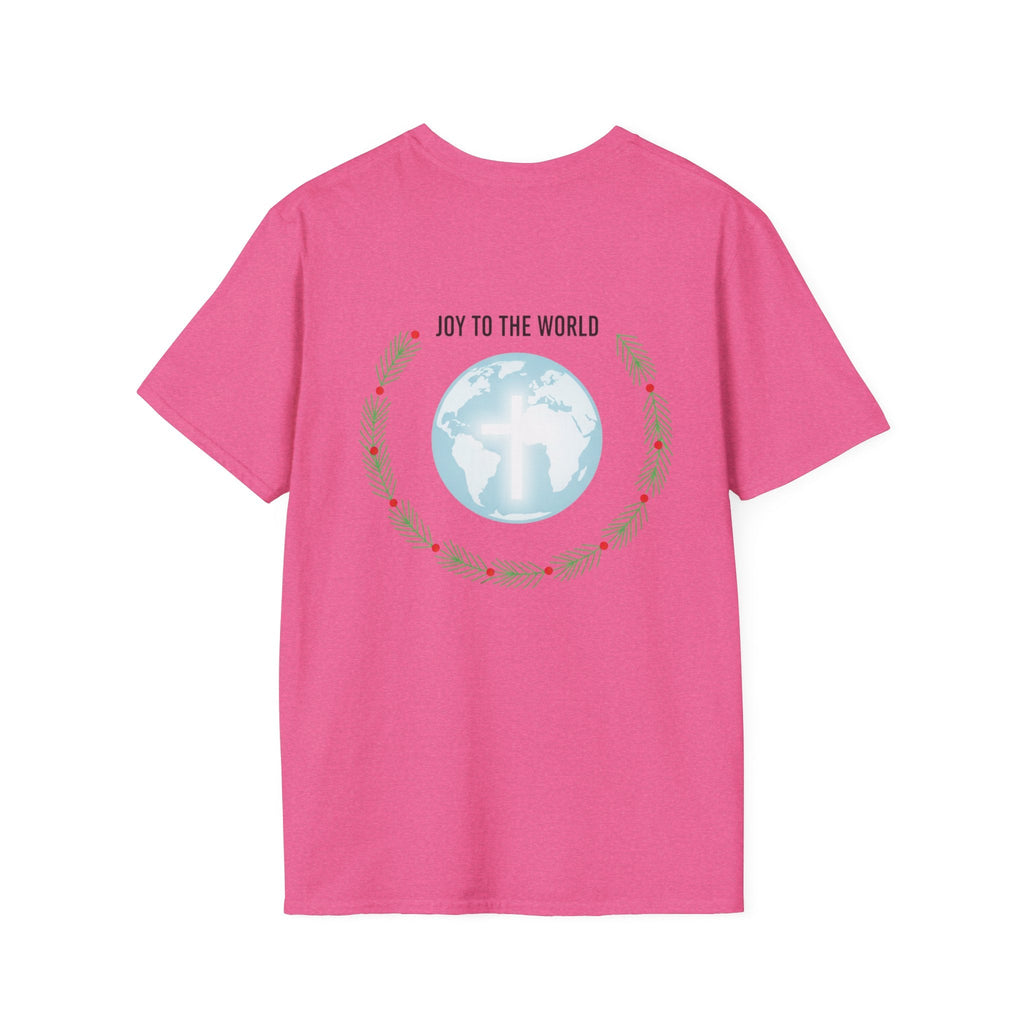 Joy to the World T-shirt – Wreath Earth Nativity Christian Christmas T-shirt for Isaiah 9:6 Holiday Faith & Festive Joy Printify