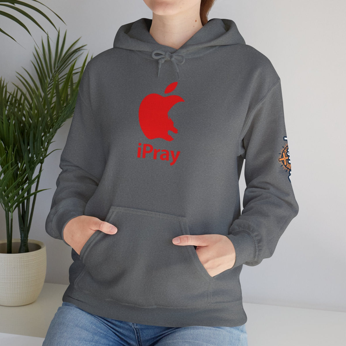 iPray Apple Logo Hoodie — Funny Christian Hoodie (Minimal Red Apple Graphic) Printify