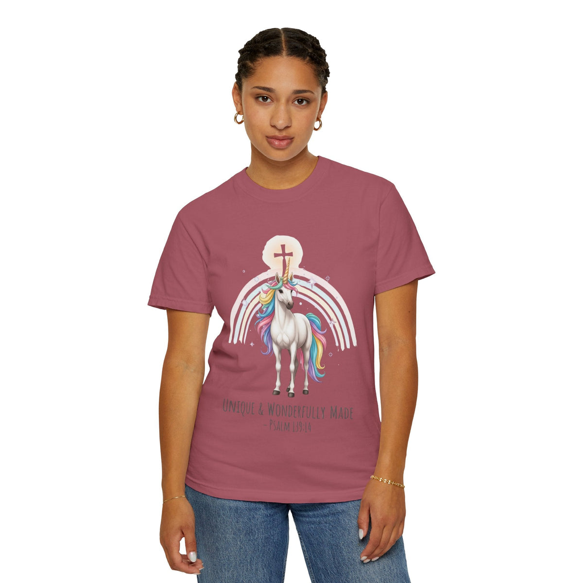 Unique Unicorn Christian T-Shirt – Wonderfully Made with Rainbow Cross & Psalm 139:14 Printify