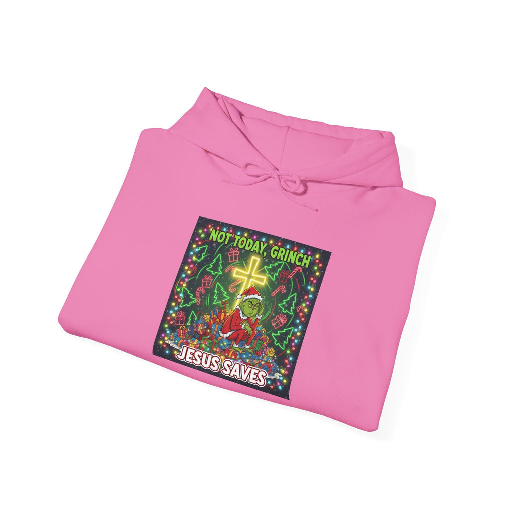 🎄 Not Today, Grinch – Jesus Saves | Funny Christian Christmas Hoodie | Festive Green & Red Cartoon Style | Bold Faith Holiday Tee by Uplifted Gear Printify