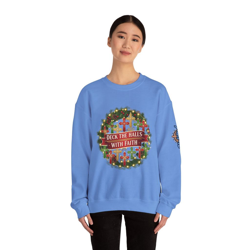 🎄 Deck the Halls with Faith – Christian Christmas Sweatshirt | Cross Ornament Design & Festive Garland | Bold Holiday Faith Tee by Uplifted Gear Printify