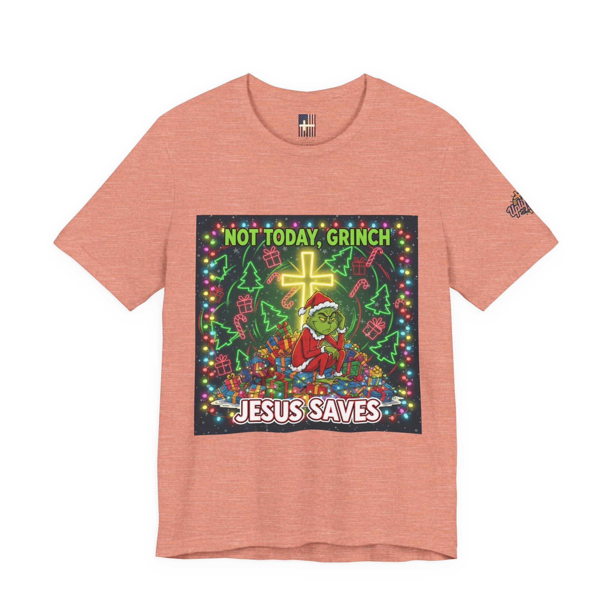🎄 Not Today, Grinch – Jesus Saves | Funny Christian Christmas T-Shirt | Festive Green & Red Cartoon Style | Bold Faith Holiday Tee by Uplifted Gear Printify