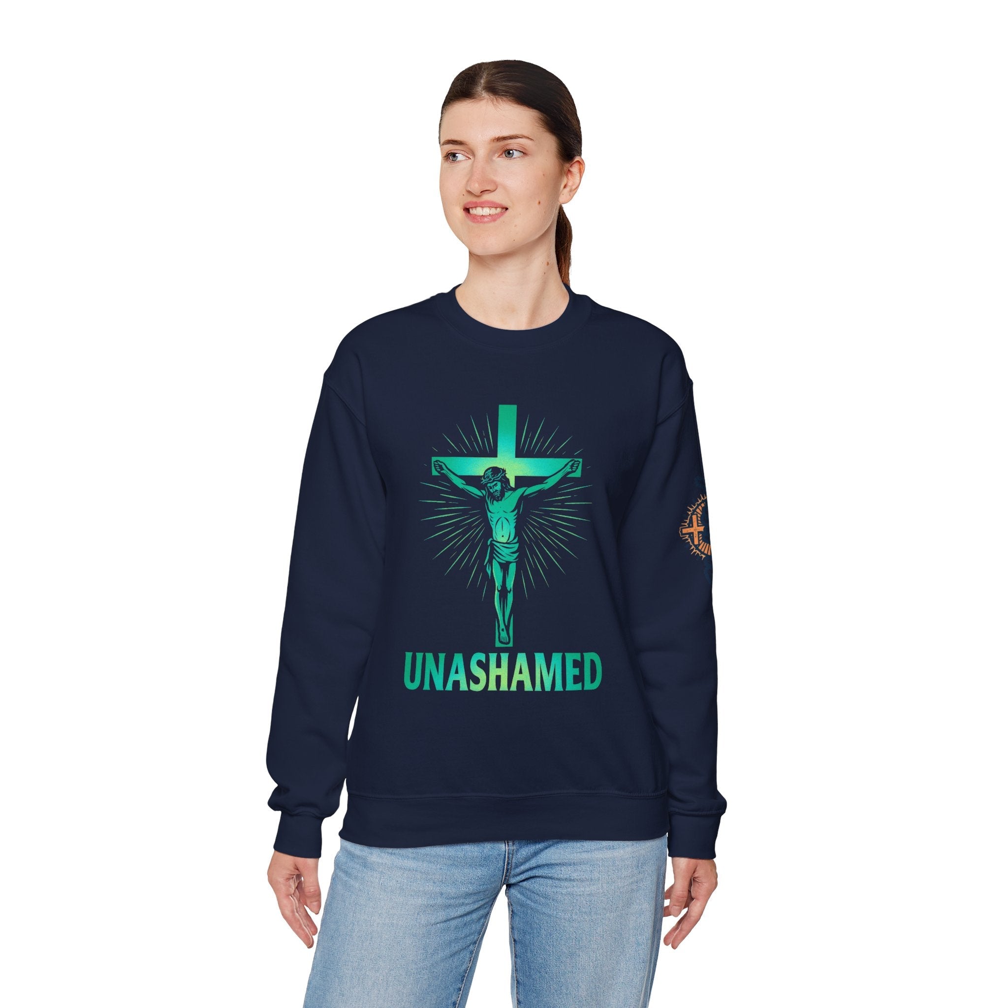 Unashamed Sweatshirt – Romans 1:16 Crucifixion Christian Sweatshirt for Bold Unwavering Faith Printify