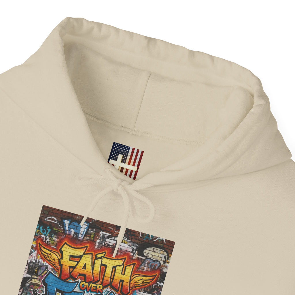 Faith Over Fear Hoodie – Graffiti Wall Christian Sweatshirt for Bold 2 Corinthians 5:7 Streetwear & Unshakable Faith Printify