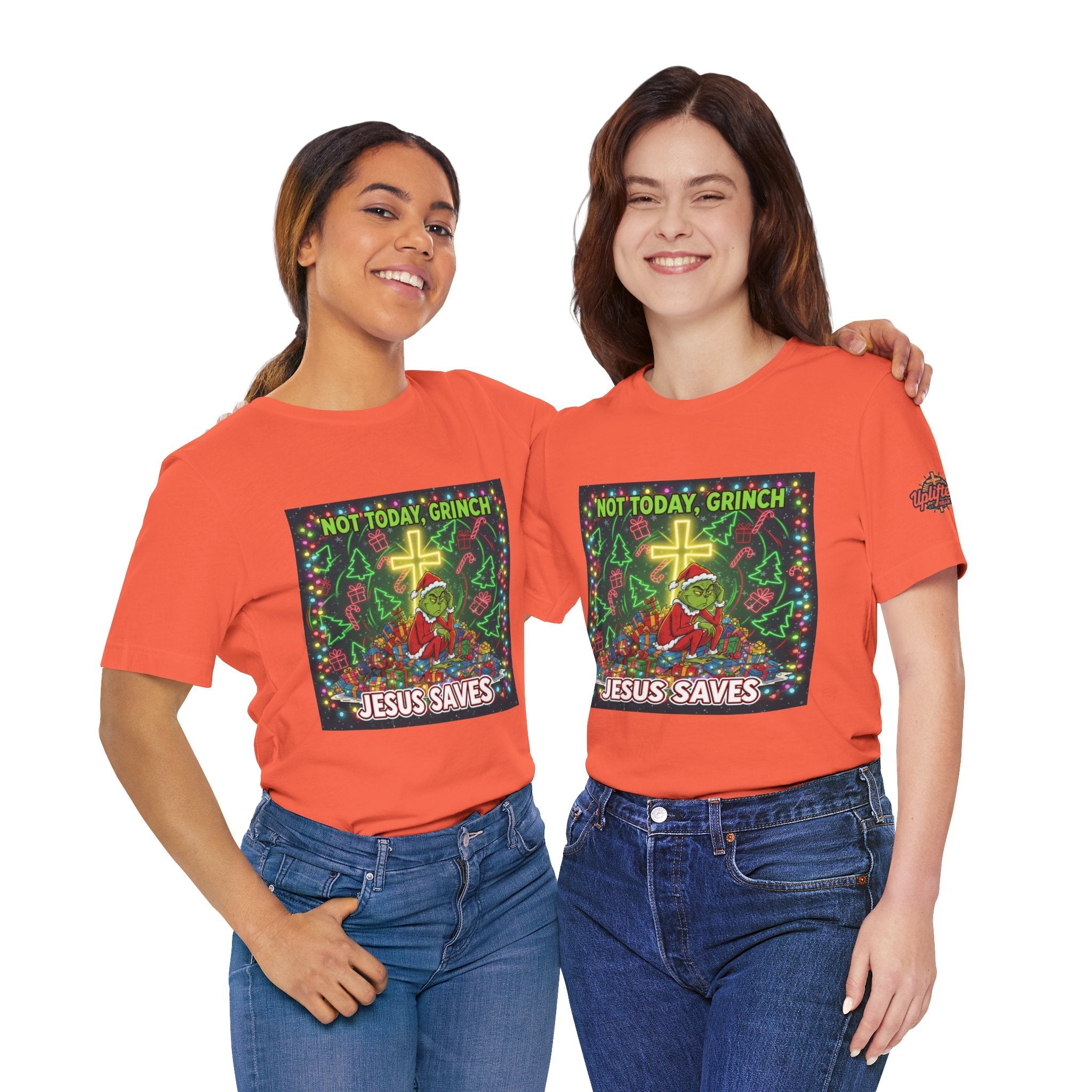 🎄 Not Today, Grinch – Jesus Saves | Funny Christian Christmas T-Shirt | Festive Green & Red Cartoon Style | Bold Faith Holiday Tee by Uplifted Gear Printify