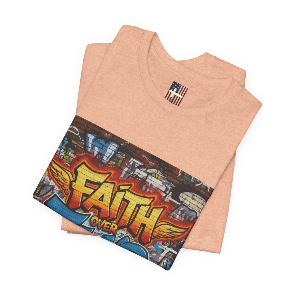 Faith Over Fear T-shirt – Graffiti Wall Christian T-shirt for Bold 2 Corinthians 5:7 Streetwear & Unshakable Faith Printify