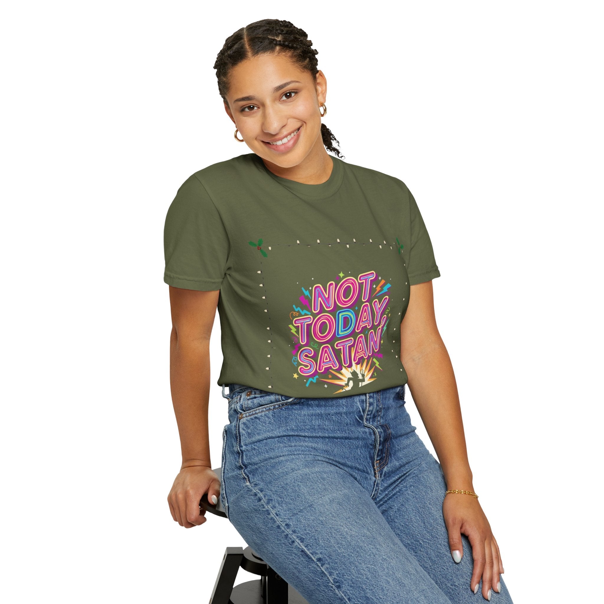 🔥 Not Today, Satan – Retro 90s Christian T-Shirt | Neon Faith Tee | Funky Cartoon Devil | Bold Bible Verse Shirt | Uplifted Gear Printify