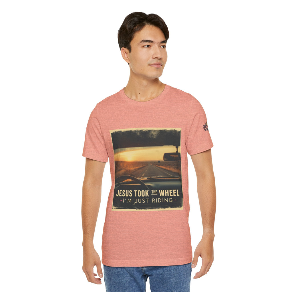 Jesus Took the Wheel I'm Just Riding T-shirt – Funny Christian Convertible Car T-shirt for Surrendered Faith & Humor Printify