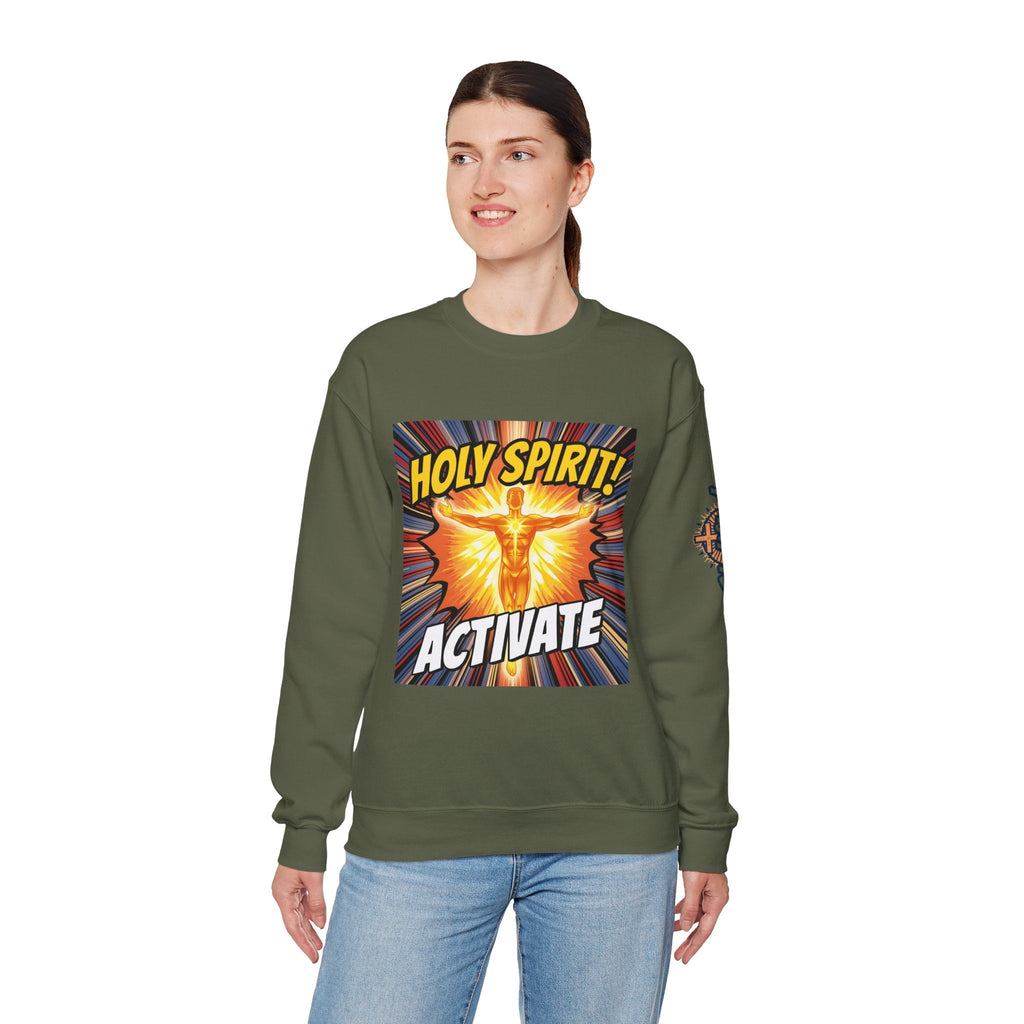 Holy Spirit Activate Sweatshirt – Superhero Christian Sweatshirt with Vibrant Power-Up Design for Faith-Fueled Boldness Printify