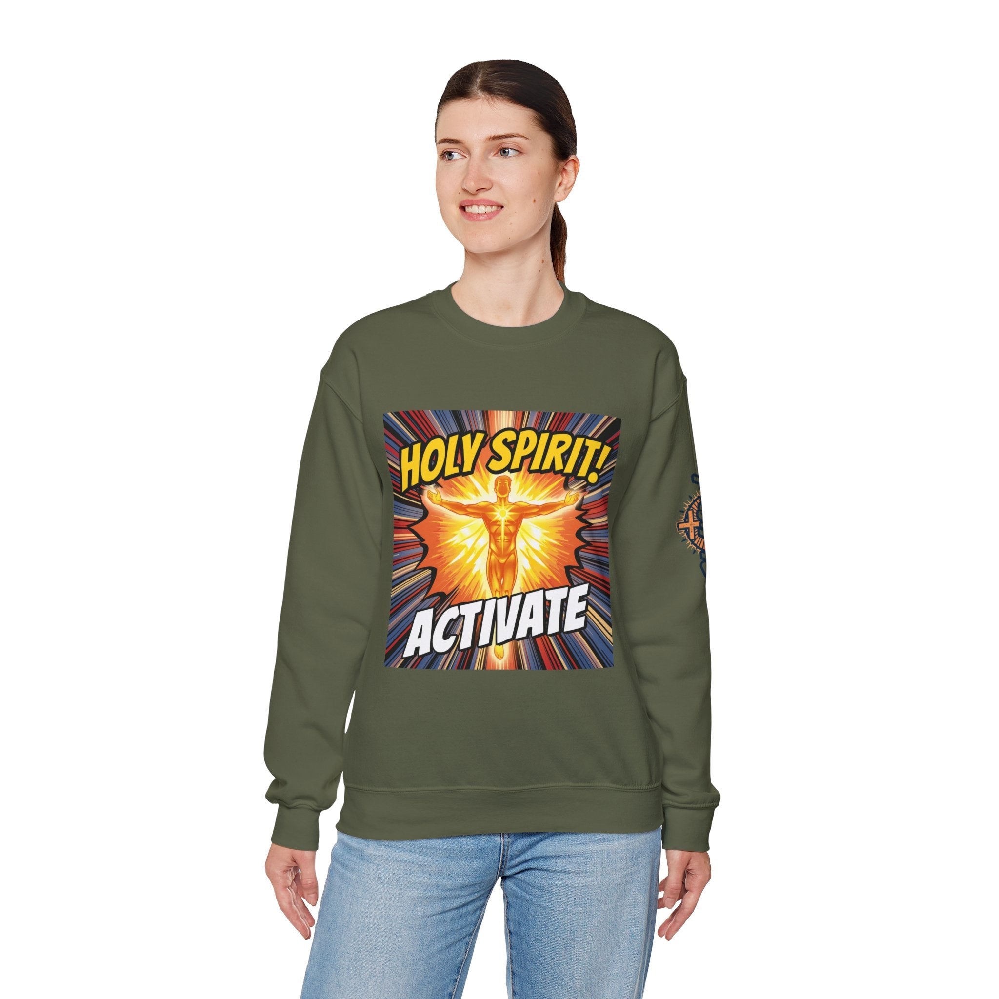 Holy Spirit Activate Sweatshirt – Superhero Christian Sweatshirt with Vibrant Power-Up Design for Faith-Fueled Boldness Printify