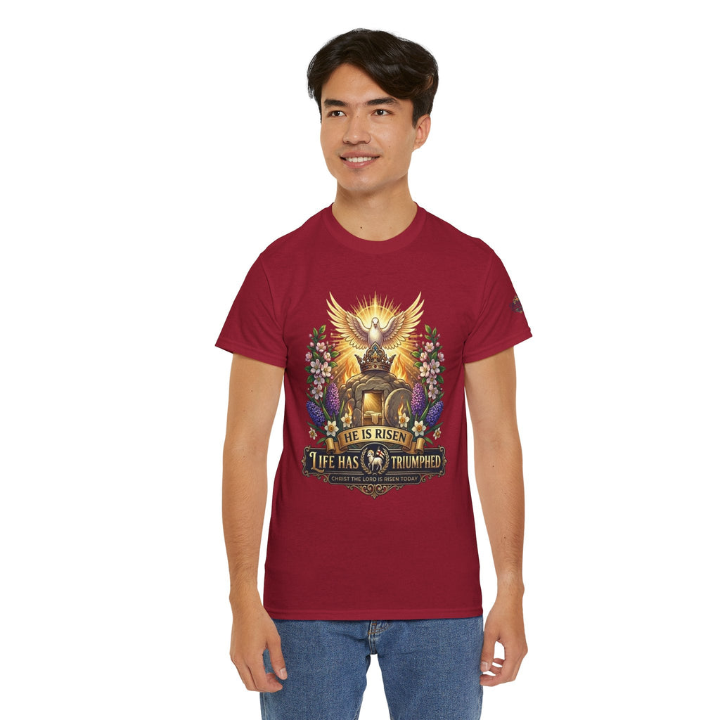 He Is Risen "Life Has Triumphed" T-Shirt — Easter Resurrection Christian Tee Printify