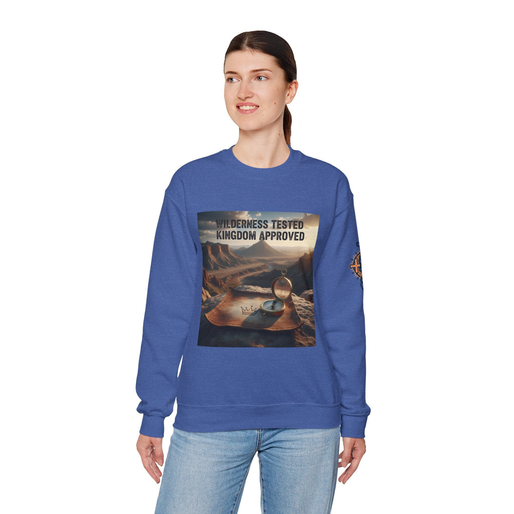 Wilderness Tested Kingdom Approved Sweatshirt – Mountain Desert Compass Crown Christian Sweatshirt for Biblical Adventure Faith Printify