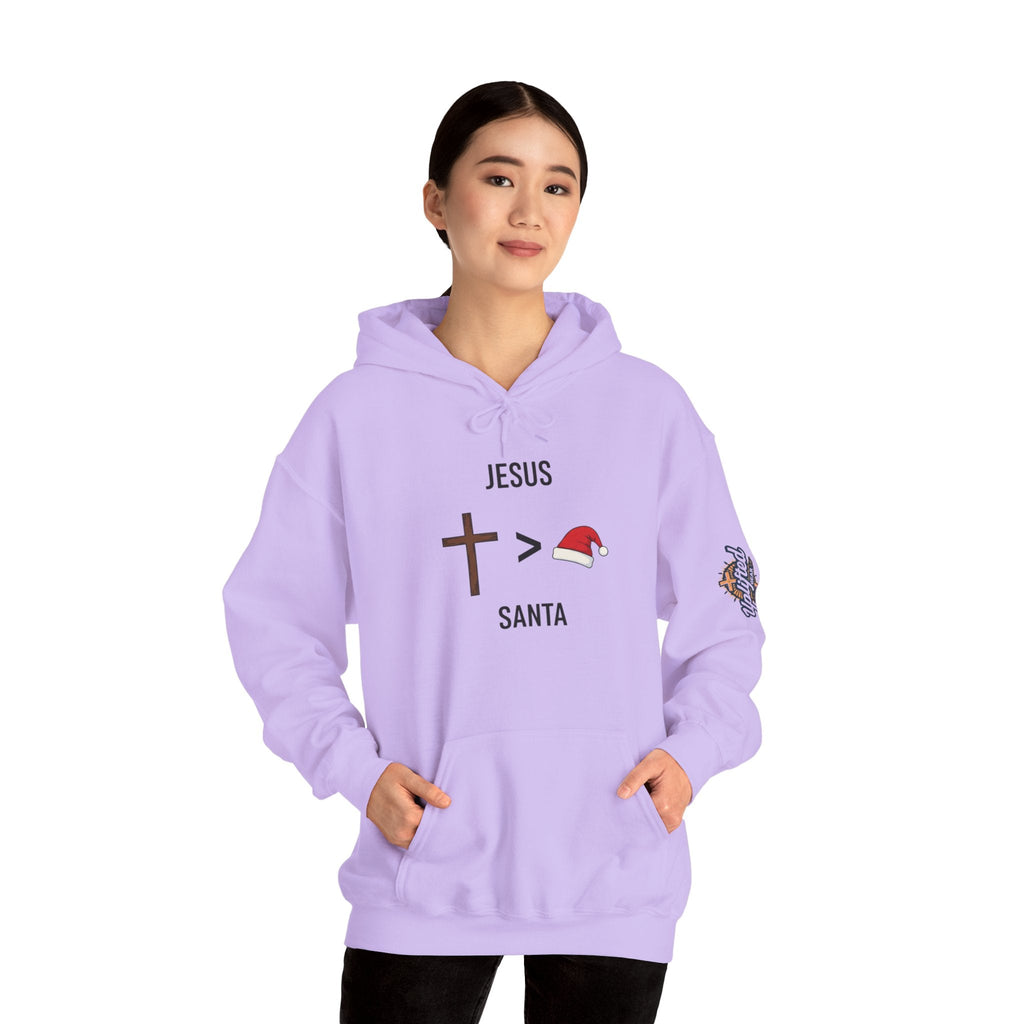 🎄 Jesus > Santa – Minimalist Christian Christmas Hoodie | Bold Faith Over Holiday Tee | Cross vs Santa Hat Design | Uplifted Gear Printify