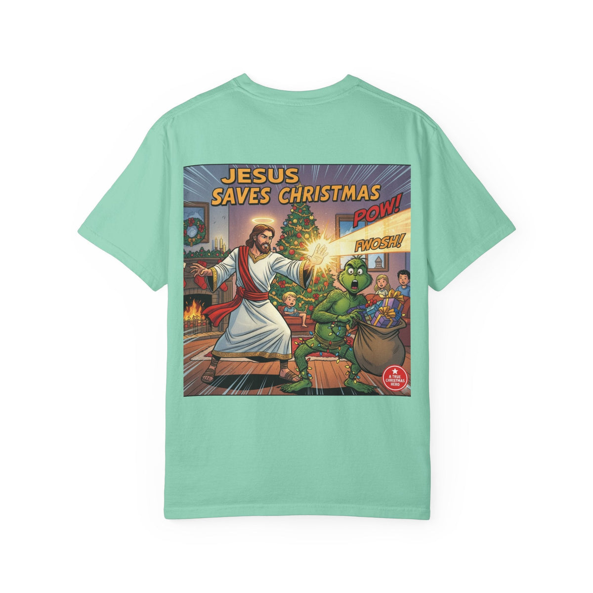 Jesus Saves Christmas T-shirt – Grinch vs Savior Light Battle Christian T-shirt for Hilarious Holiday Faith & True Joy Printify