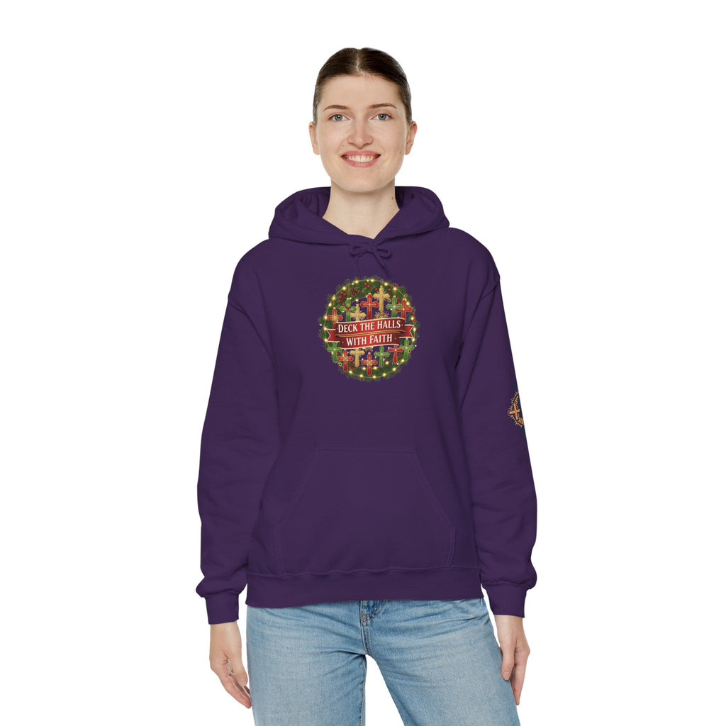 🎄 Deck the Halls with Faith – Christian Christmas Hoodie | Cross Ornament Design & Festive Garland | Bold Holiday Faith Tee by Uplifted Gear Printify