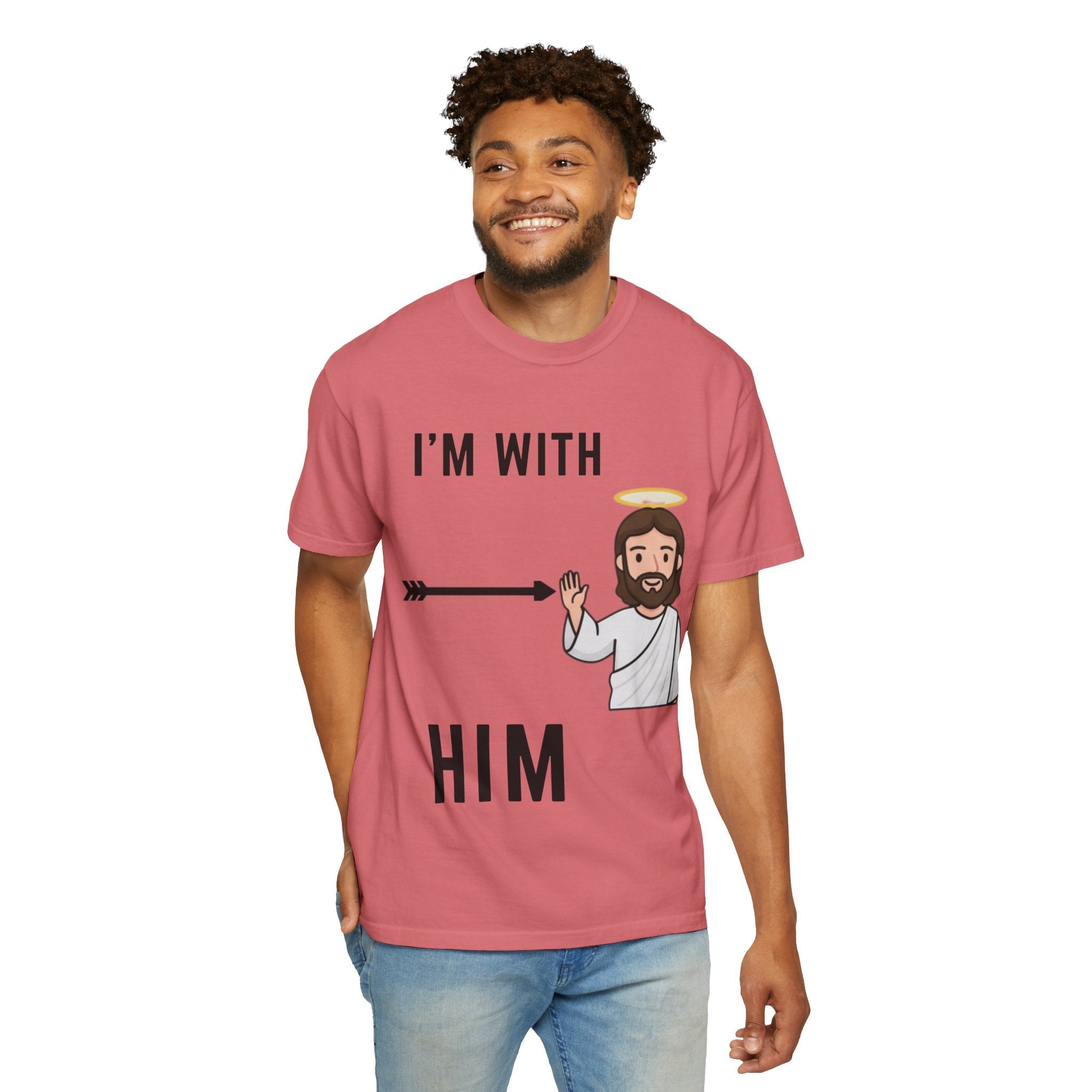 🔥 I’m With Him → Christian T-Shirt | Arrow Pointing to Jesus | Minimalist Faith Tee | Subtle Cross Design | Bible-Inspired Apparel by Uplifted Gear Printify